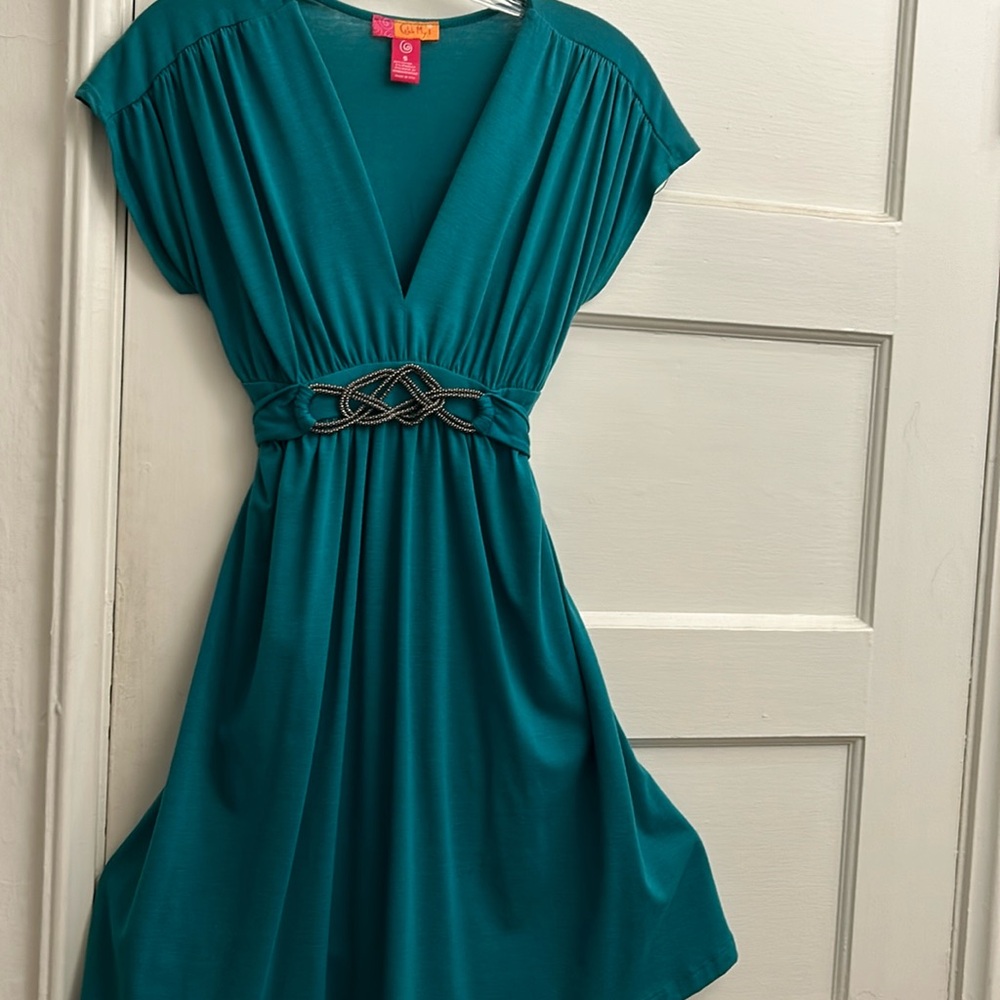 Teal short sleeve dress, ties in the back